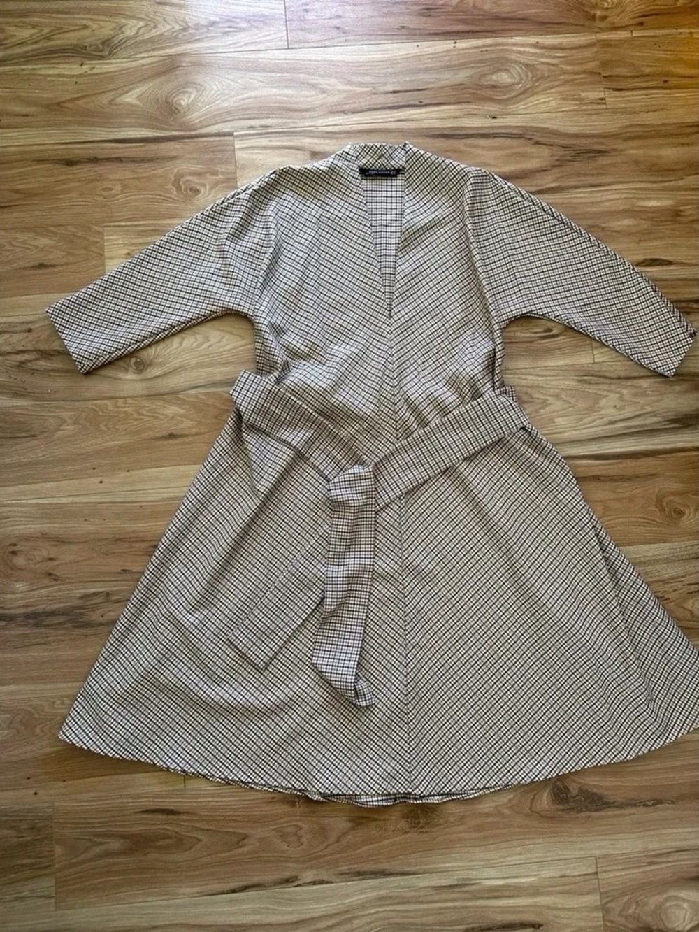 Beige Plaid Kimono Robe with Self Tie Belt